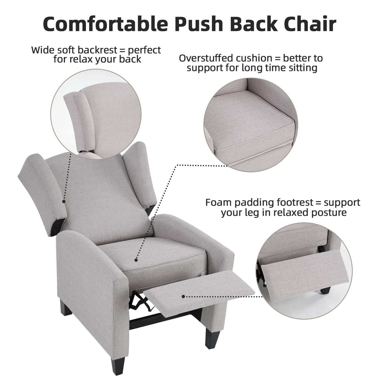 INZOY Wingback Pushback Recliner Chair Set of 2, Fabric Push Back Recliners with Padded Seat, Mid Century Modern Reclining Chair for Living Room Bedroom, Grey