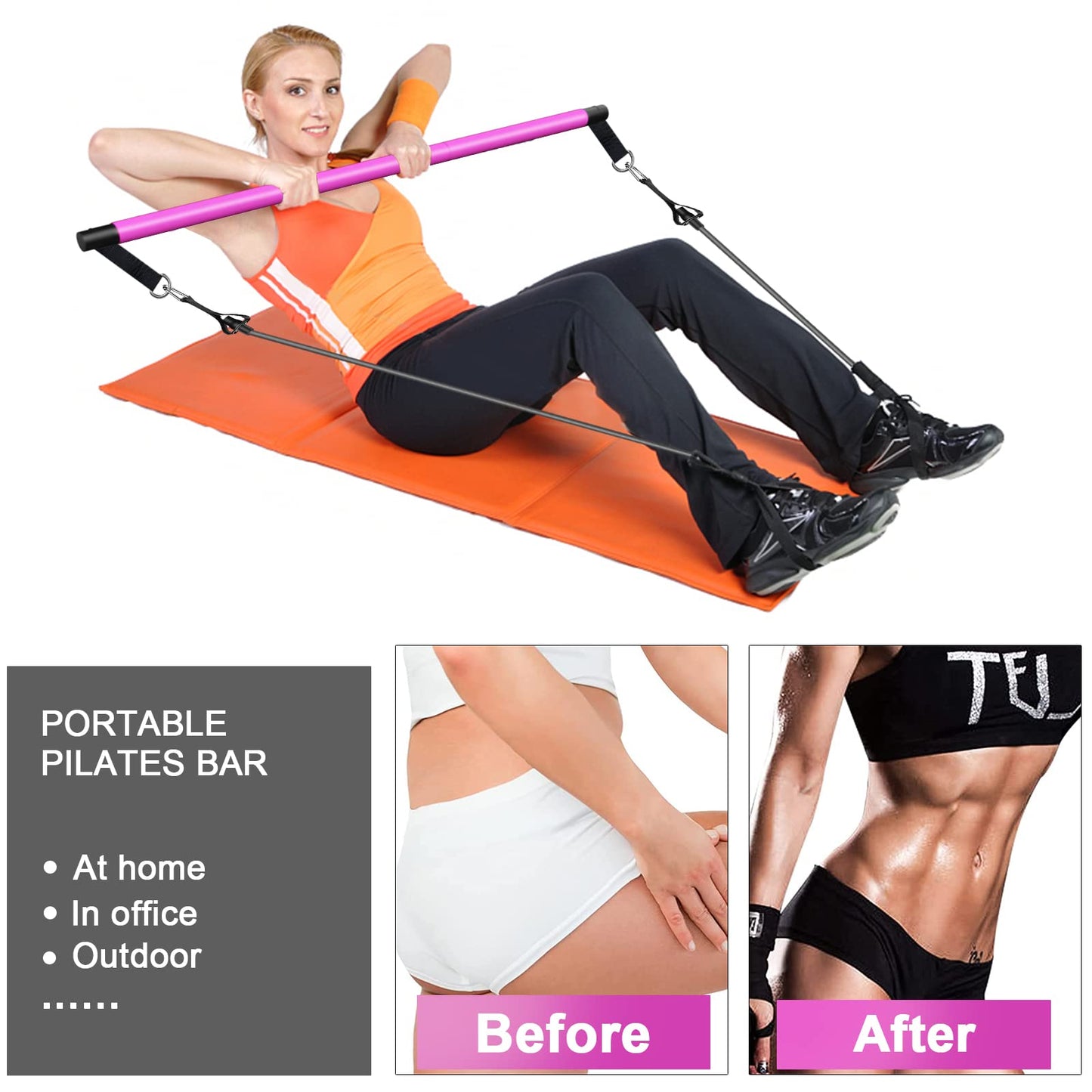 Pilates Bar Kit with Resistance Bands(4 x Bands),3-Section Pilates Bar with Stackable Bands Workout Equipment for Legs,Hip,Waist and Arm,Adjustable Pilates Flexbands Kit Home Gym Yoga Pilates Purple