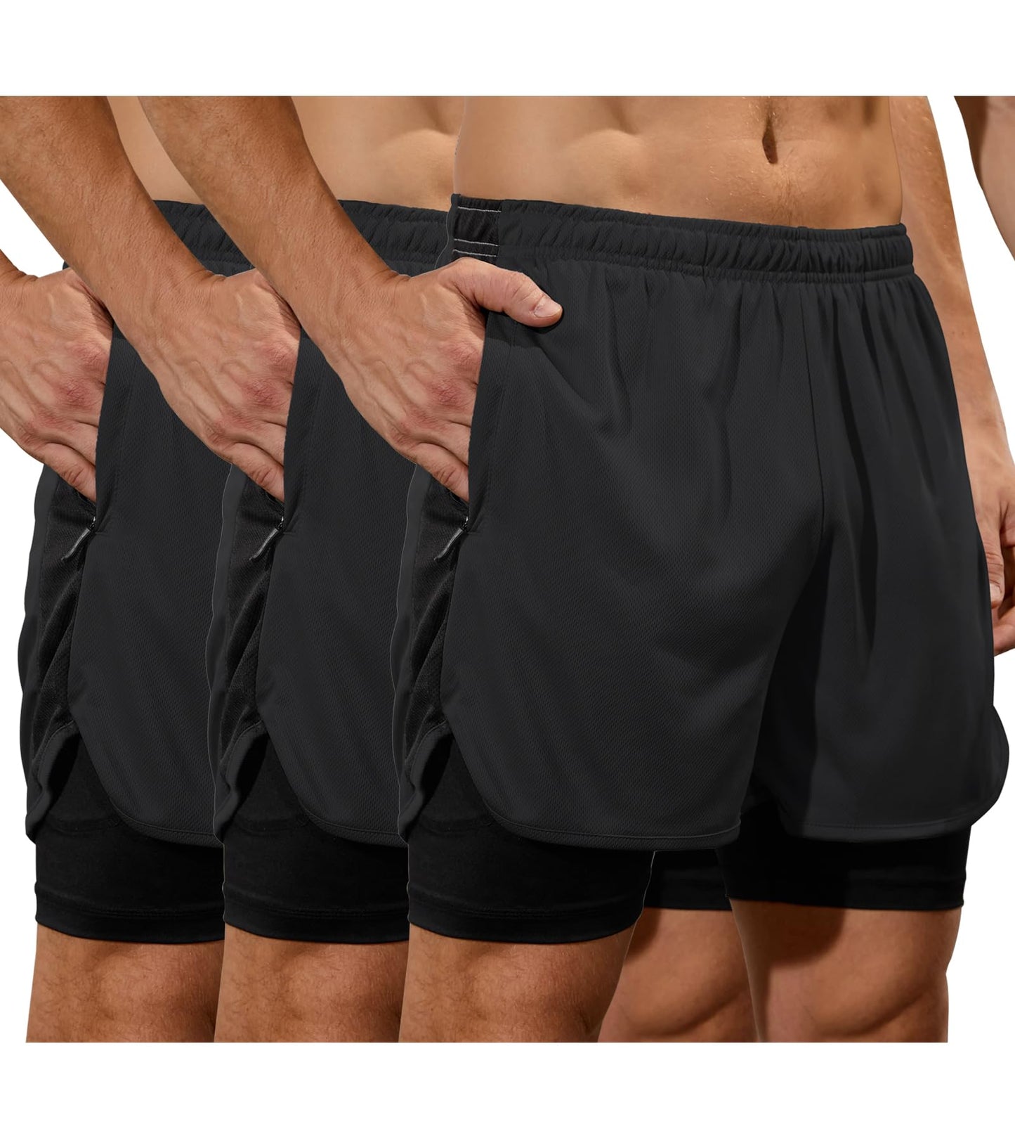 SILKWORLD Mens Running Shorts 3 Piece Quick Dry Workout Shorts Gym Shorts with Compression Liner, Black#3, Medium