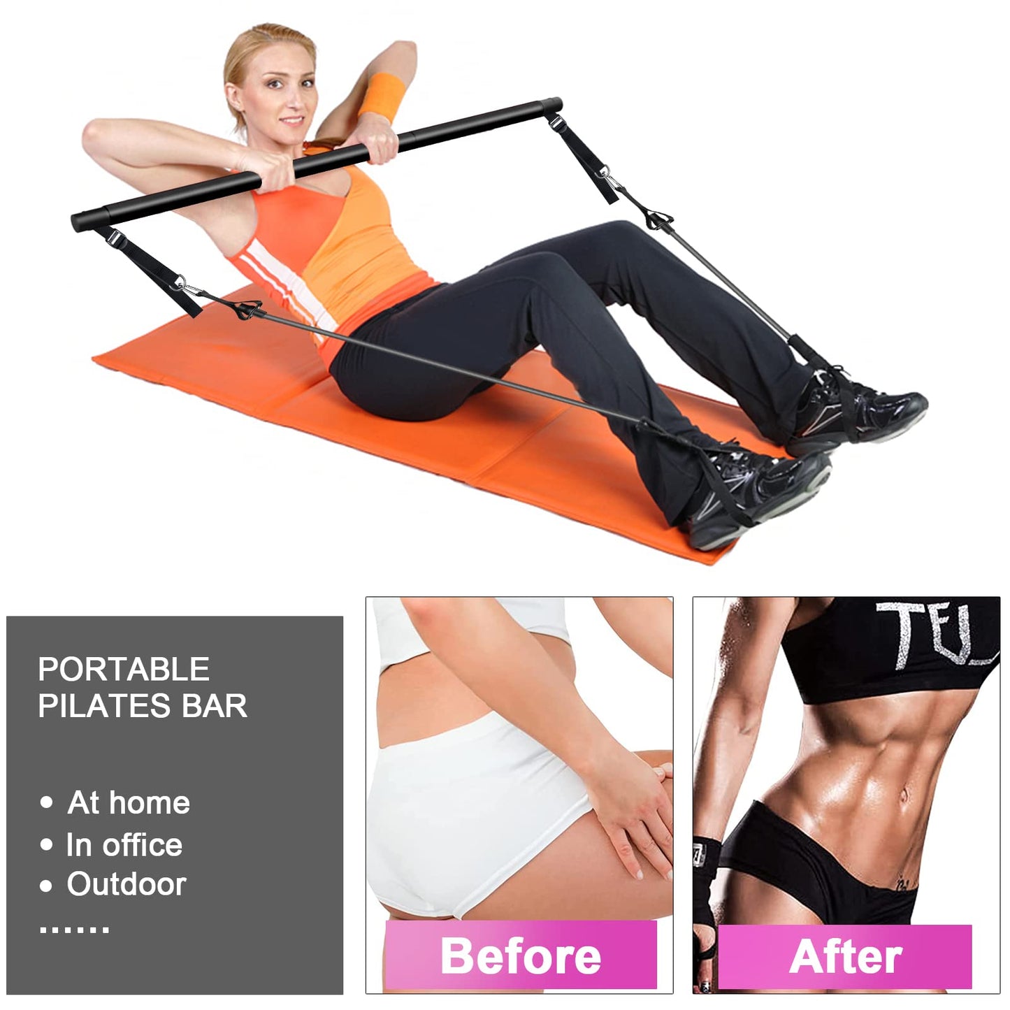 Pilates Bar Kit with Resistance Bands(4 x Bands),3-Section Pilates Bar with Stackable Bands Workout Equipment for Legs,Hip,Waist and Arm,Adjustable Pilates Flexbands Kit Home Gym Yoga Pilates Black