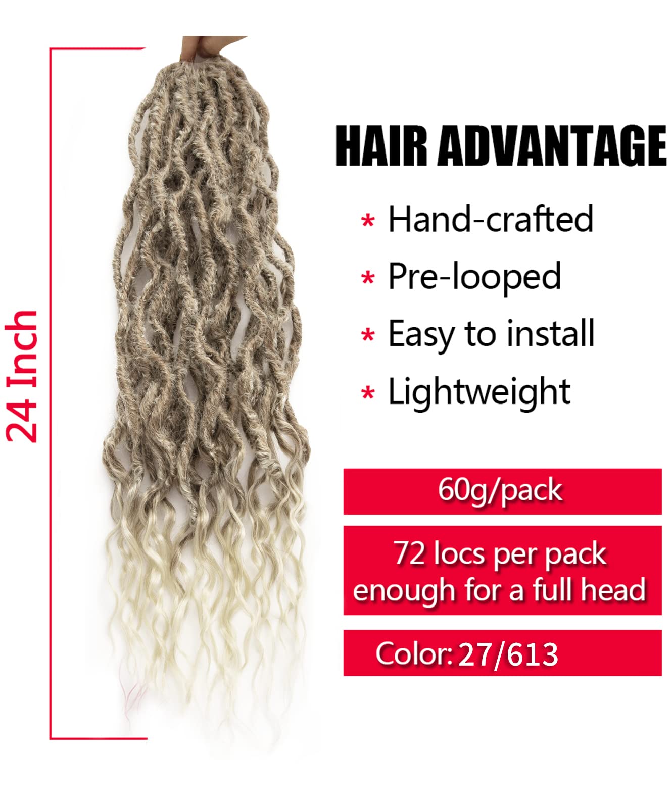 Faux Locs Crochet Hair 24Inch Wavy Pre-looped Goddess Locs Crochet Hair, 6Packs Soft Locs Curly Ends Dreadlock Crochet Locs Synthetic Crochet Hair for Black Women Human Hair (27/613, 24'')