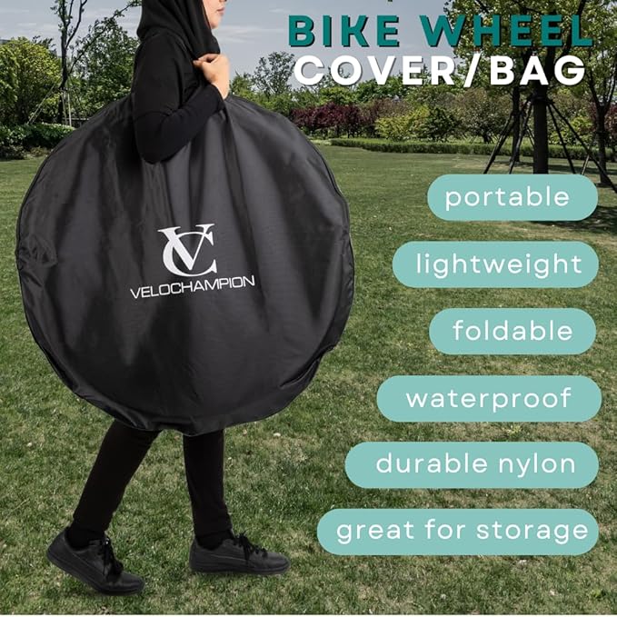 VeloChampion Waterproof Bicycle Wheel Bag Storage Cover | Mountain, Road or Gravel Bike | 650b. 700c. 26” 27.5” 29” Bicycle Wheelset Transport Travel Case (Black, 31.8" (MTB) x2)