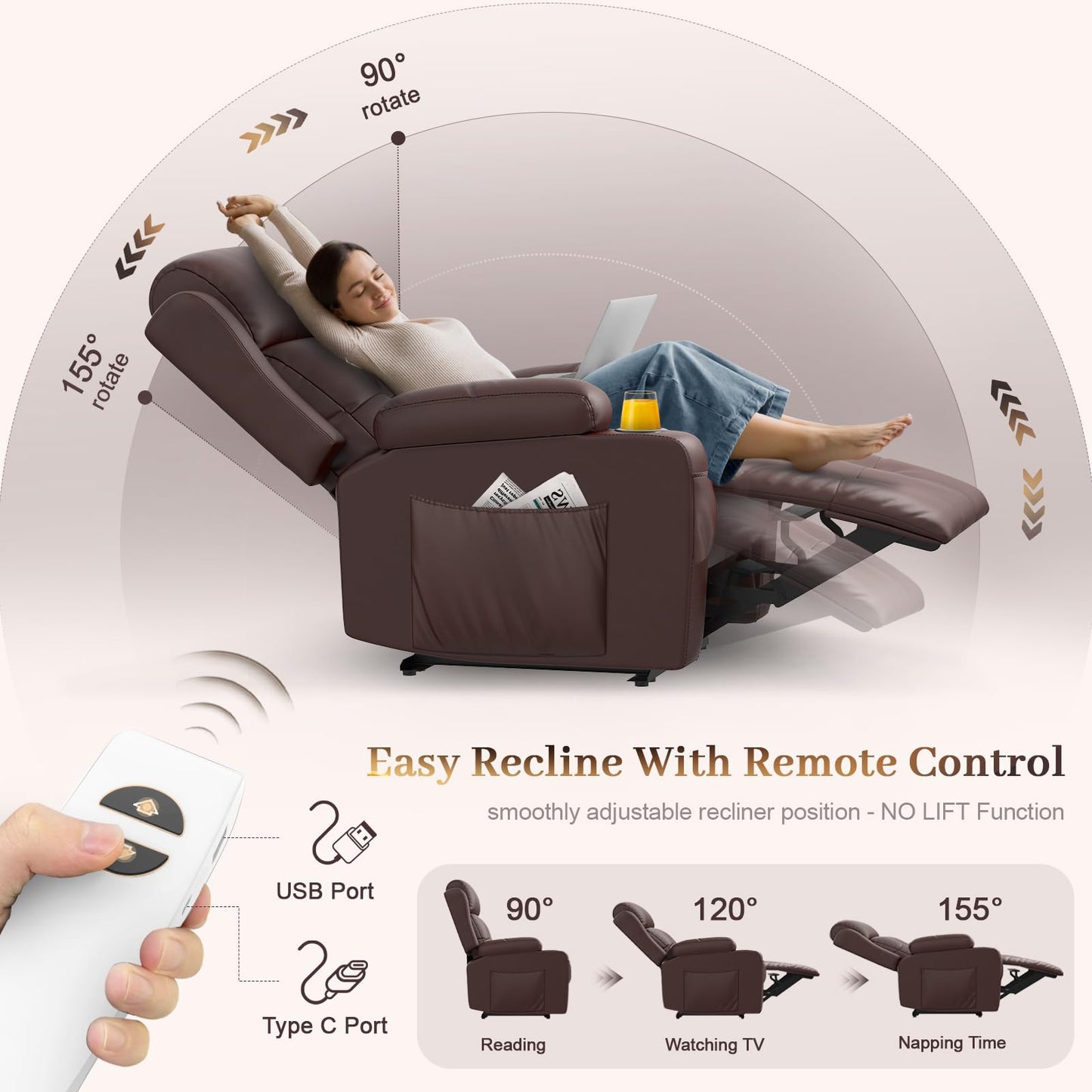 Aotolo Extra Wide Seat Recliner Chair with Heat and Back Massage, Electric Power Oversized Reclining Chair Infinite Position with Storage Armrests & 2 Cup Holders for Living Room, Manual Recliners