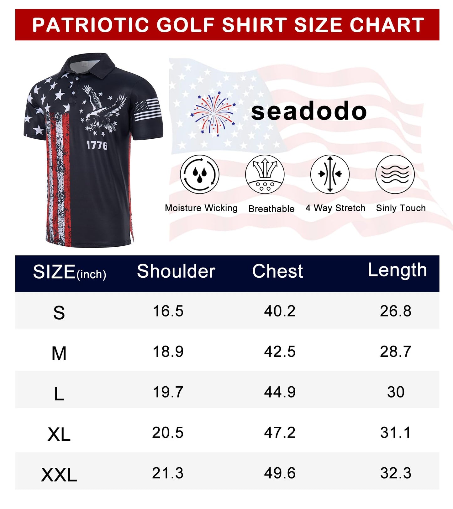Seadodo Mens Patriotic Golf Shirts 1776 American Flag Printed Polo Shirt USA 4th of July Short Sleeve Outfit
