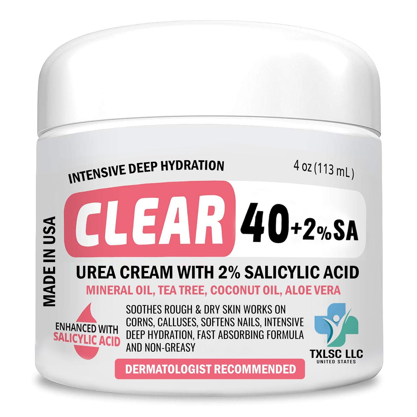 CLEAR Urea Cream 40 Percent Plus 2% Salicylic Acid (4oz) Made in USA | Urea Foot & Hand Cream Softens Cracked Heels & Dry Skin with Tea Tree & Coconut Oil - Callus & Corn Treatment