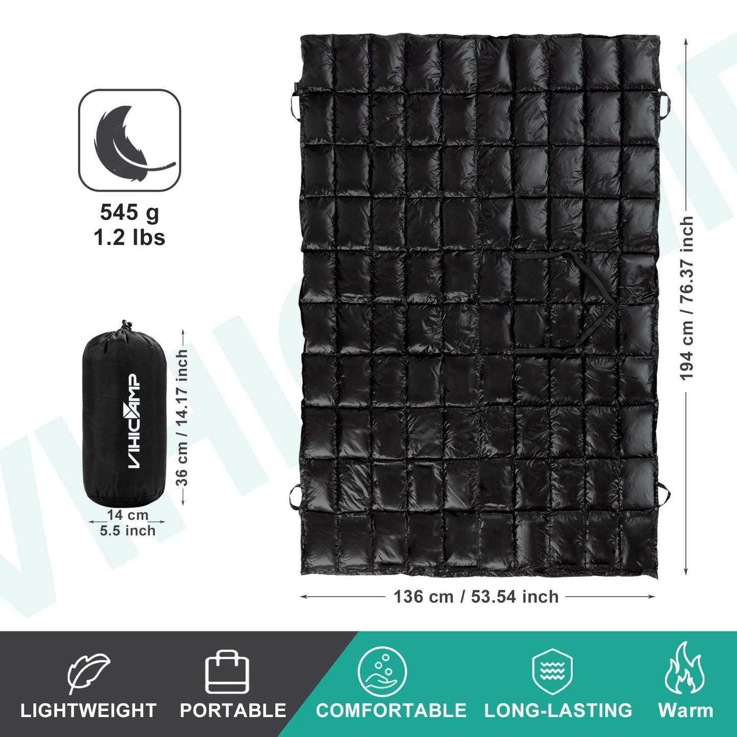 Vihicamp Down Camping Blanket - Packable Lightweight Outdoor Blanket, Warm Compact Backpacking Quilt for Cold Weather, Water-Resistant Puffer Blanket, Ideal for Travel, Hammock, Outdoor Adventures