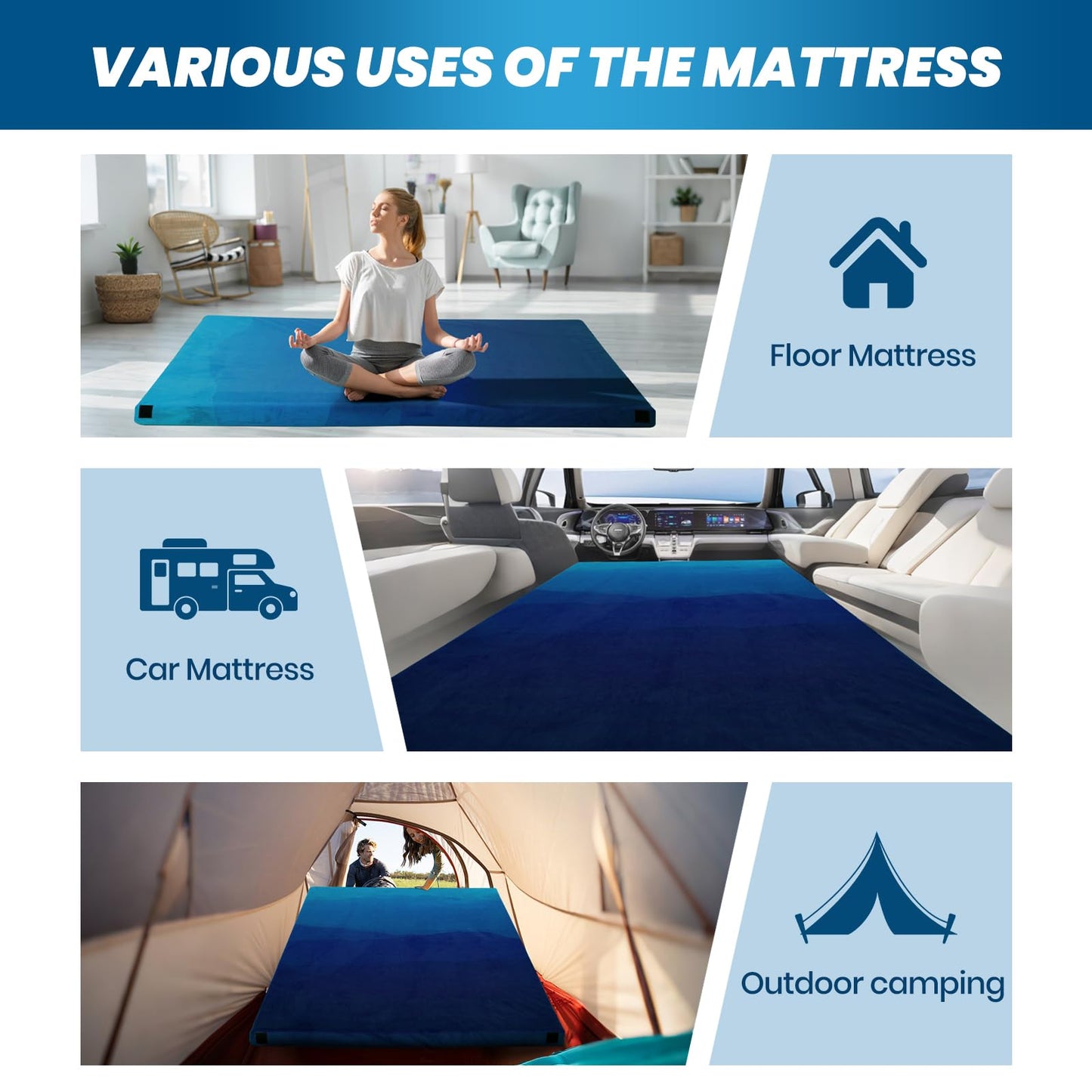 Memory Foam Camping Mattress Sleeping Pad, Portable Roll up Mattress with Travel Bag, 3 Inch Waterproof Camping Mat for Car Tent Floor, Comfortable Sleeping Mats for Guests and Adults Sleepover