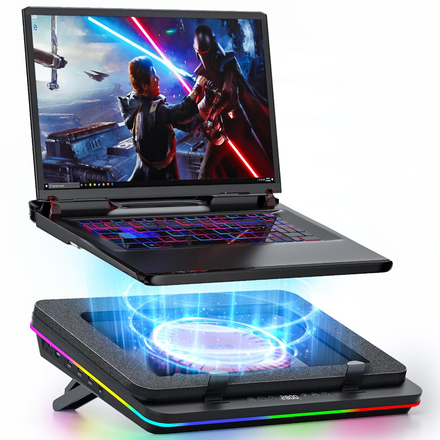 IETS GT600 RGB Laptop Cooling Pad Equipped with Gigantic Turbo-Fan(5.5inch Diameter),Sealed Foam for Rapid Cooling Gaming Laptop,14.1-19.3 inch Laptop Cooler with 3-Port USB Hub,Dust Filter