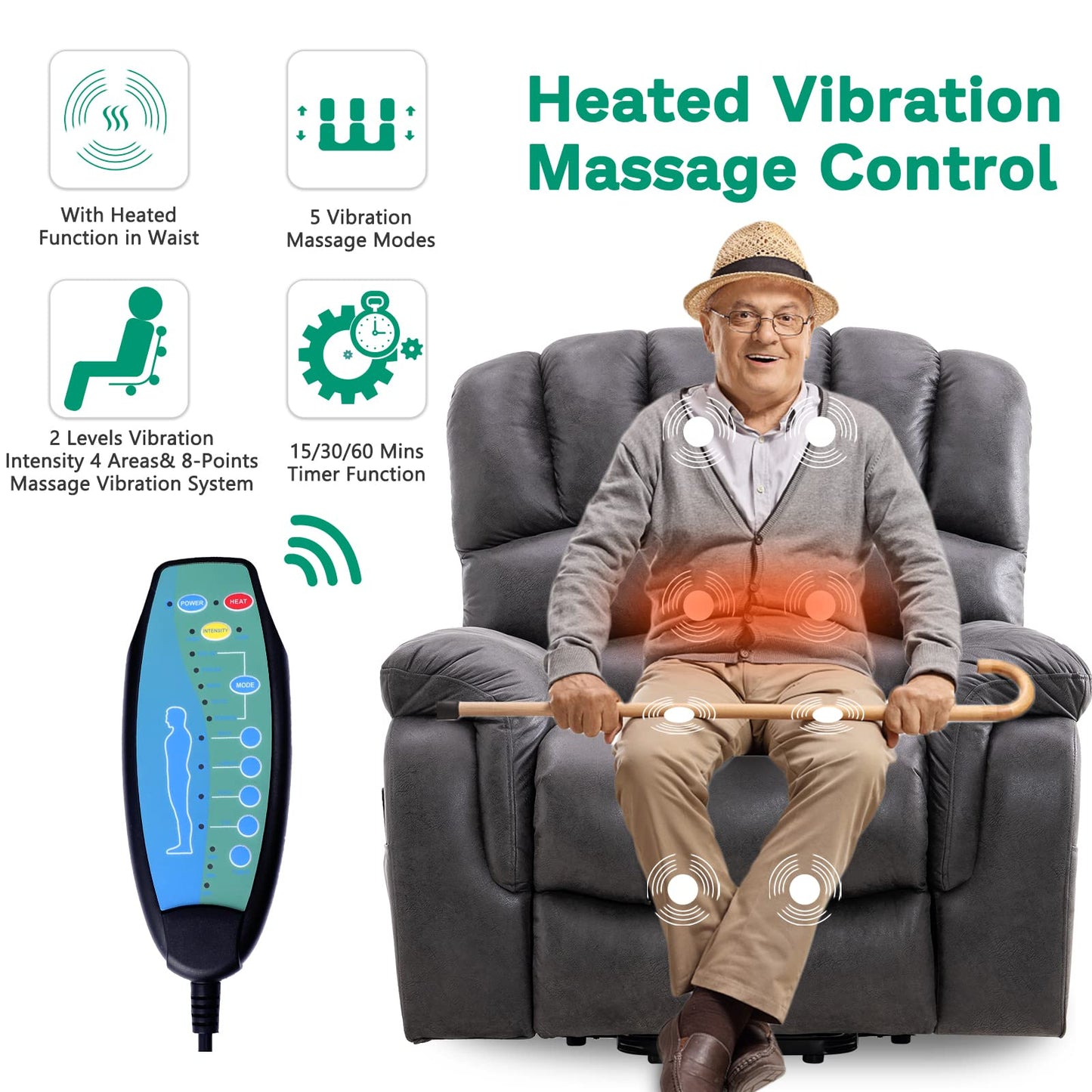 VIVIJASON Large Dual OKIN Motor Lay Flat Sleeper Lift Recliner Chair with Heat & Massage for Elderly, Infinite Position Electric Power Recliner with 2 Remote Controls, Side Pockets & USB Ports, Gray