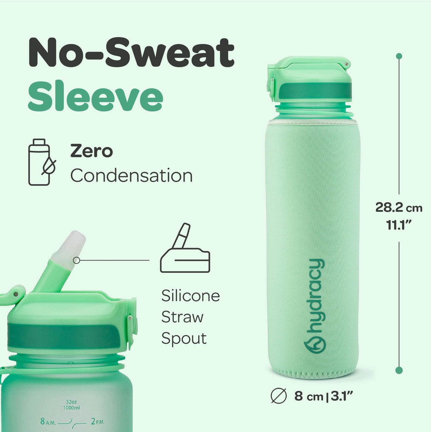 Hydracy Water Bottle with Times to Drink & Straw - Large 32 Oz BPA Free Motivational Water Bottle & No Sweat Sleeve -Leak Proof Gym Bottle with Time Marker - Ideal Gift for Fitness, Sports & Outdoors