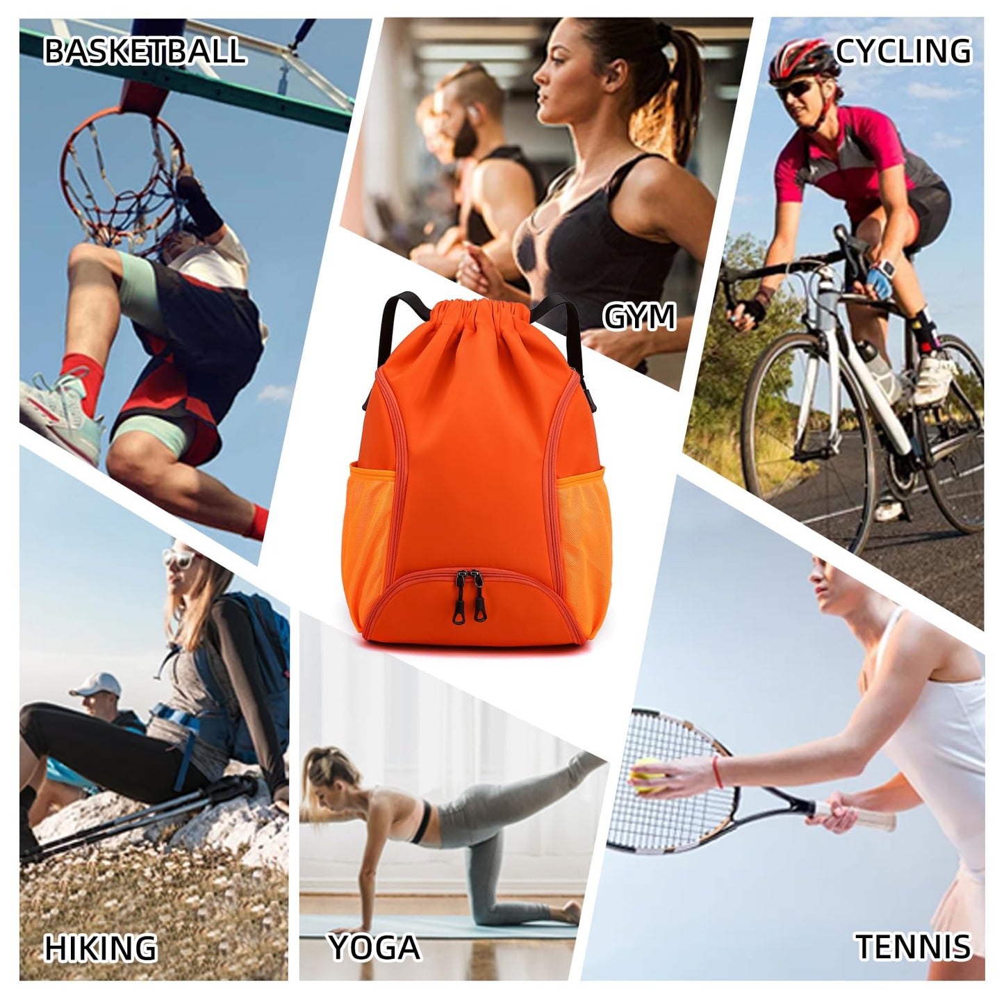 Valleycomfy Sports Gym Bag Drawstring Backpack with Shoes Basketball Bag and Two Water Bottle Holder,Drawstring Backpack for Beach, Pool and Travel,Orange