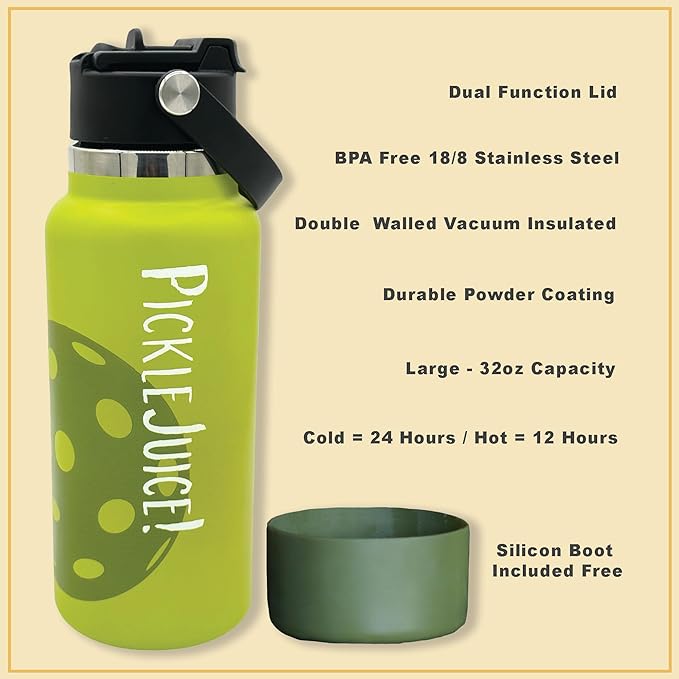 Maui Pickleball Co.™ Pickleball Water Bottle 32oz, Pickleball Gifts, Insulated Stainless Steel Water Bottle, Funny Water Bottle, PickleBall Accessories Sip/Straw Lid, Viral TikTok Product