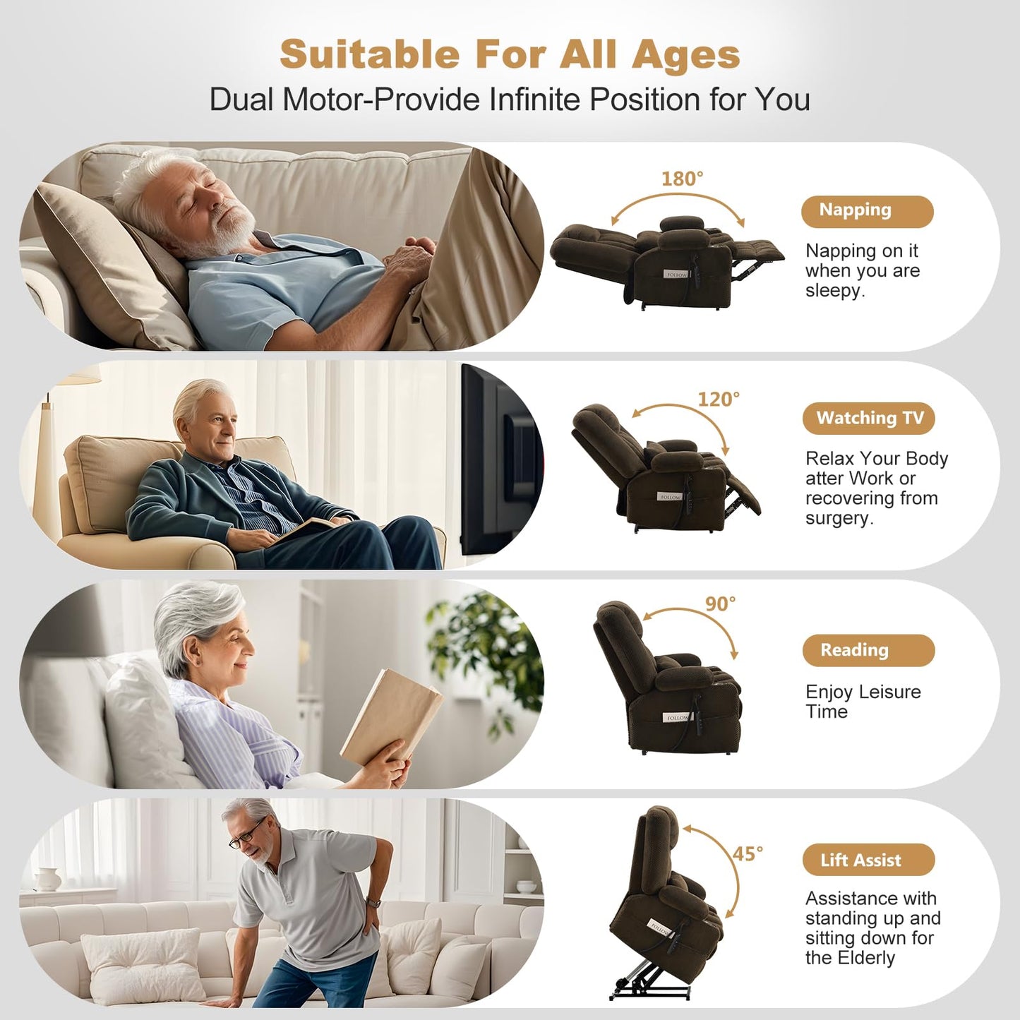 Madaha Electric Power Large Lift Recliner Chair Sofa with Massage and Heat for Elderly, Oversized Lay Flat Dual Motor Infinite Position Recliner Chair, Side Pockets, Cup Holders, USB Ports (Brown)