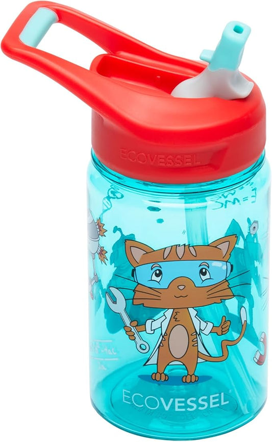 EcoVessel SPLASH Tritan Plastic Kids Water Bottle with Straw, Leak Proof Flip Top Lid, and Carry Handle Kids Cups Sports Water Bottle 12 oz (Science Cat)