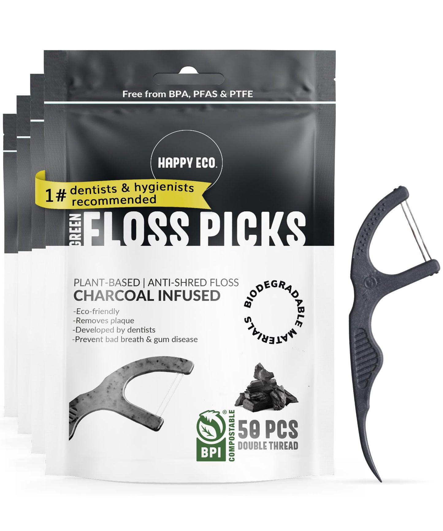 Double Floss Picks Biodegradable (200pcs) - Plant Based Natural Dental Floss Sticks- Flossers for Adults & Kids - Nontoxic Vegan Tooth Pick Flossers - Mint