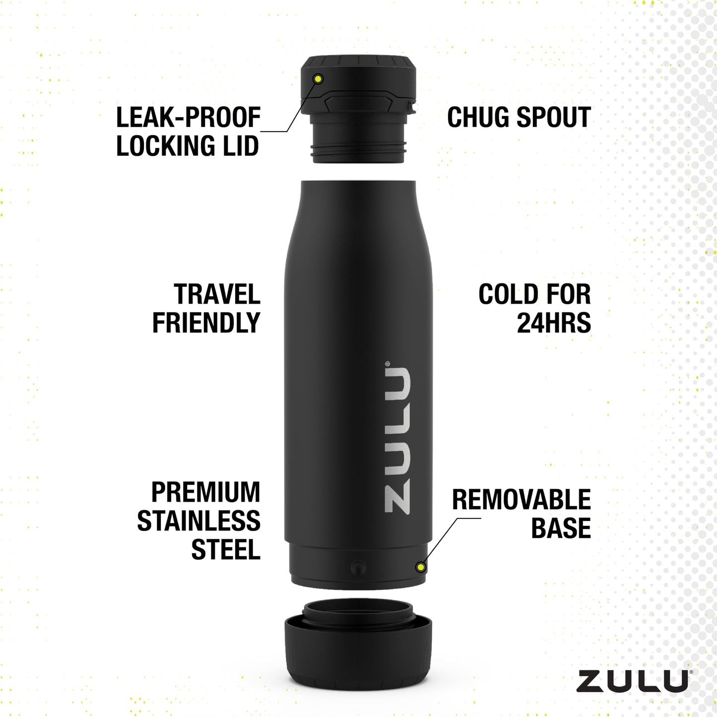 Zulu Ace 18oz Vacuum Insulated Stainless Steel Water Bottle with Chug Spout, Leak-Proof Locking Lid and Removable Base for School, Backpack, Sports, Gym, Travel, Red White & Blue