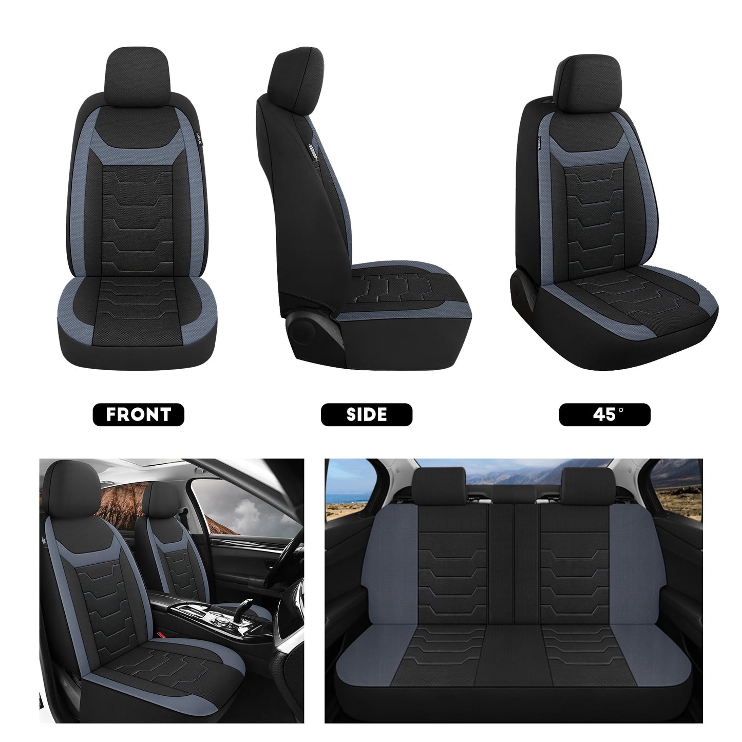 AOKAOK 3D Air-Mesh Car Seat Covers Full Set, Breathable and Split Bench Compatible Seat Covers for Cars, Universal Car Interior Covers for Most Cars Sedan Truck SUV(Black/Gray)