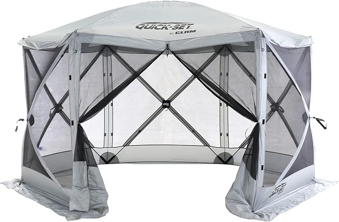 CLAM Quick-Set Escape Sport 11.5’ x 11.5’ Pop-Up Outdoor Camping Gazebo Instant Screen Tent 6-Sided Canopy Shelter with 6 Wind and Sun Panels, Gray