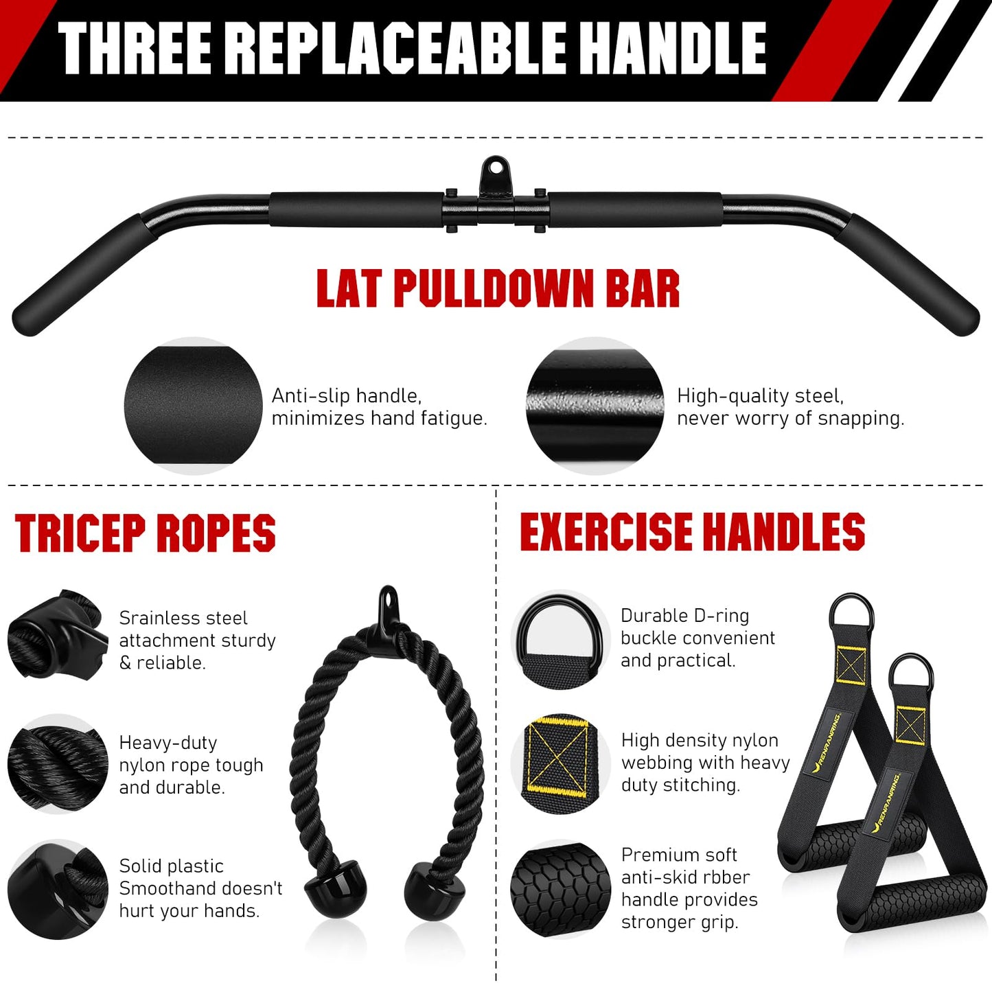 RENRANRING Weight Cable Pulley System Gym, Upgraded Cable Pulley Attachments for Gym LAT Pull Down, Biceps Curl, Tricep, Arm Workouts - Weight Pulley System Home Gym Add On Equipment