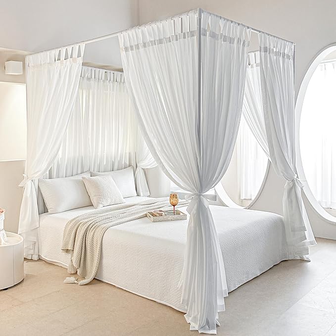AIKASY Canopy Bed Board with Top and Self-Adhesive Velcro Strips, White Gauze Princess Bed Canopy Curtain Tent, Creating a Romantic Atmosphere in The Room(Full/Queen,White)