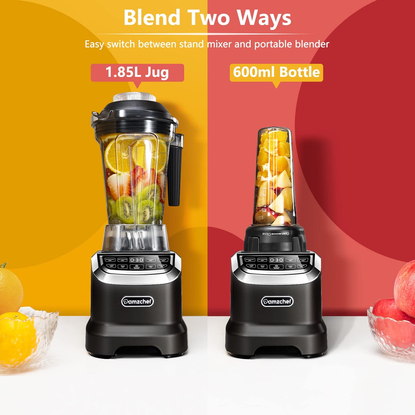 AMZCHEF Professional Blenders for Kitchen, 1800 W Smoothie Blender with 2 Blend Way, 4 Functions and 3 Speeds, 63 oz Blender for Smoothies, Frozen Drinks, Ice Cream, Soup, 20 oz blend bottle, Black