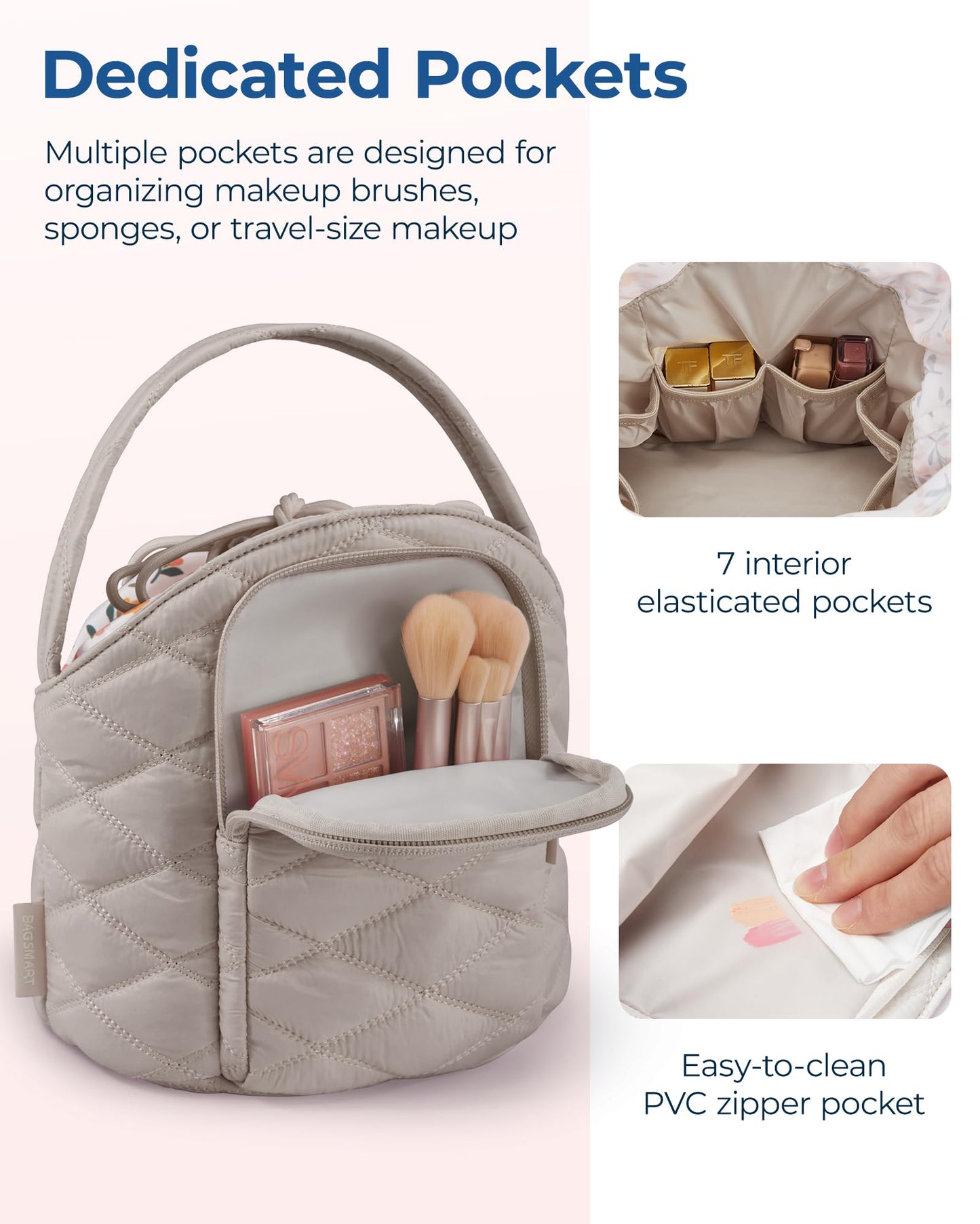 BAGSMART Barrel Drawstring Makeup Bag, Travel Toiletry Bag, Large Cosmetic Bag, Portable Make Up Bags for Women Toiletries Accessories Brush, Khaki