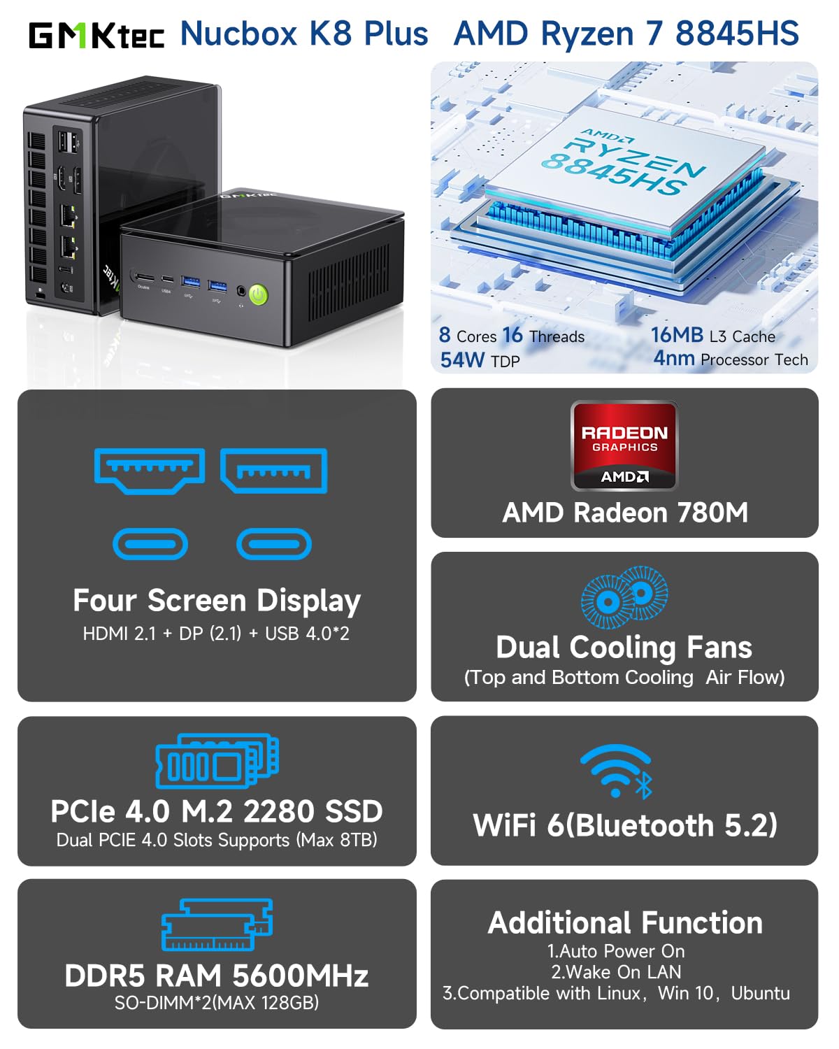GMKtec Gaming Mini PC K8 Plus AMD Ryzen 7 8845HS(8C/16T, up to 5.1GHz) 32GB DDR5 RAM 1TB SSD, Desktop Computer Dual NIC 2.5G, HDMI 2.1, USB4
