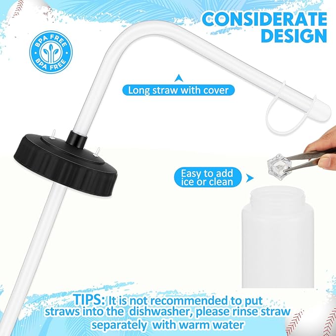 Domensi 4 Pack 1 Liter Sports Water Bottle W/Long Straw Hockey Lacrosse Water Bottle with Straw BPA Free Easy Squeeze Plastic Use W/Sport Helmet in Football Baseball Gym Yoga(Black, Translucent)