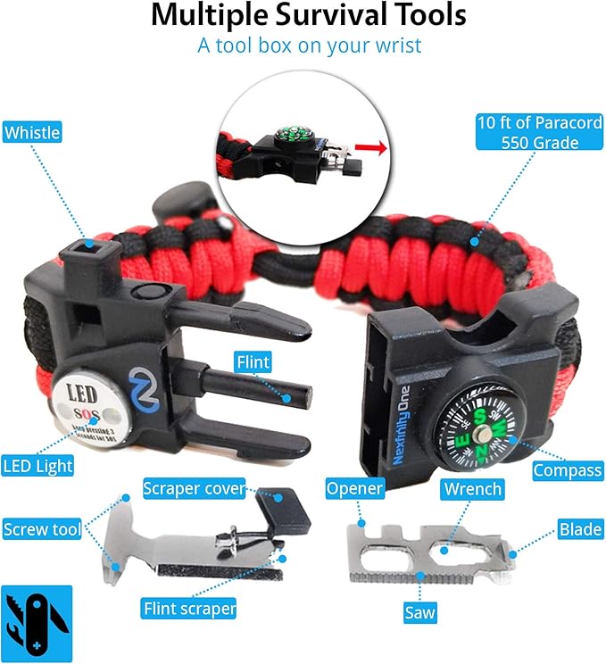 Survival Paracord Bracelet - Tactical Emergency Gear Kit with SOS LED Light, 550 Grade, Adjustable, Multitools, Fire Starter, Compass, and Whistle - Set of 2