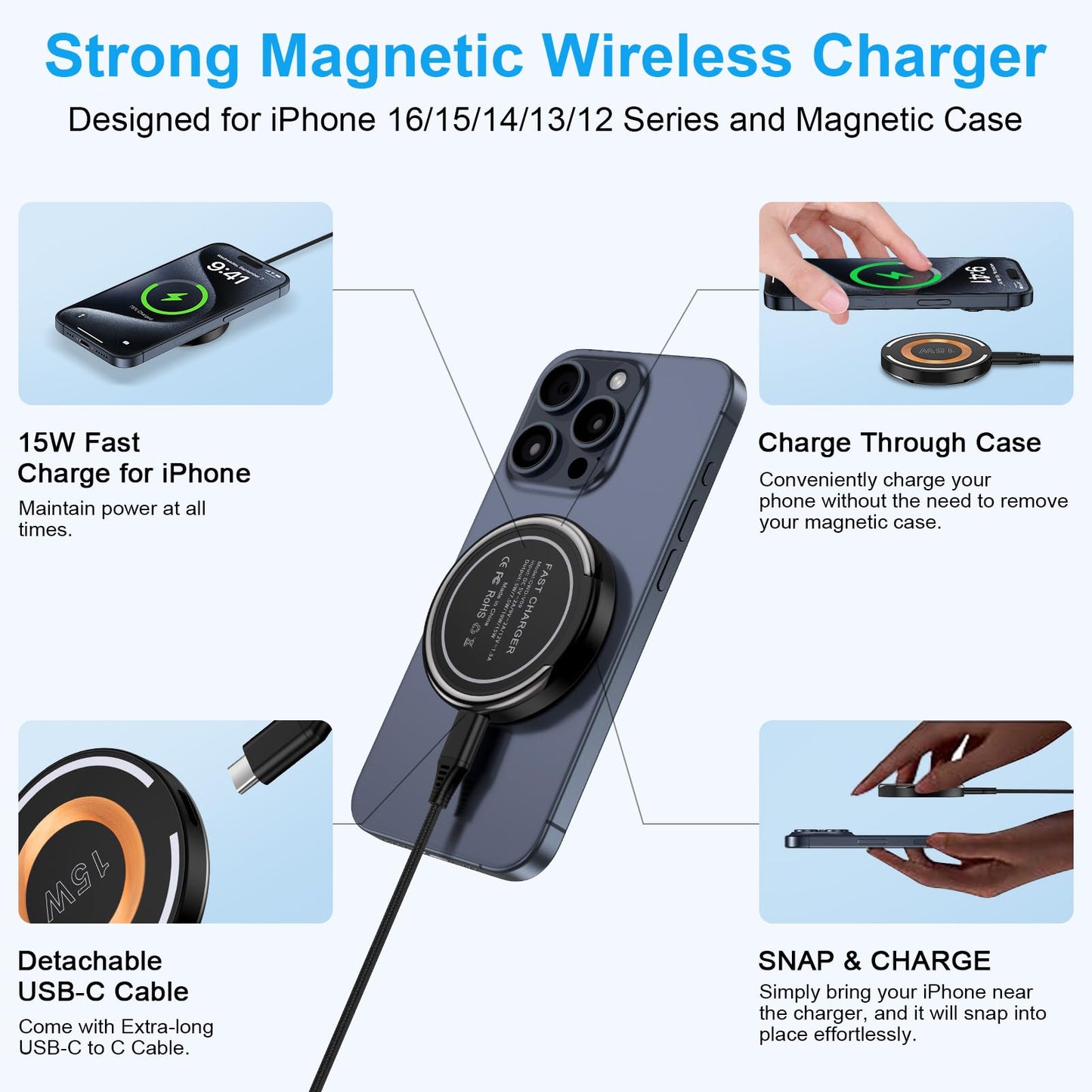 Samsung Wireless Charger Fast Charging Pad 15W Wireless Magnetic Magsafe Charger for Samsung Galaxy S25 Ultra S25 Plus S24 Ultra S23 FE S22 S21 S20 Z Flip6/Fold6,iPhone 16 Plus 15 Pro Max,Pixel 9Pro 8