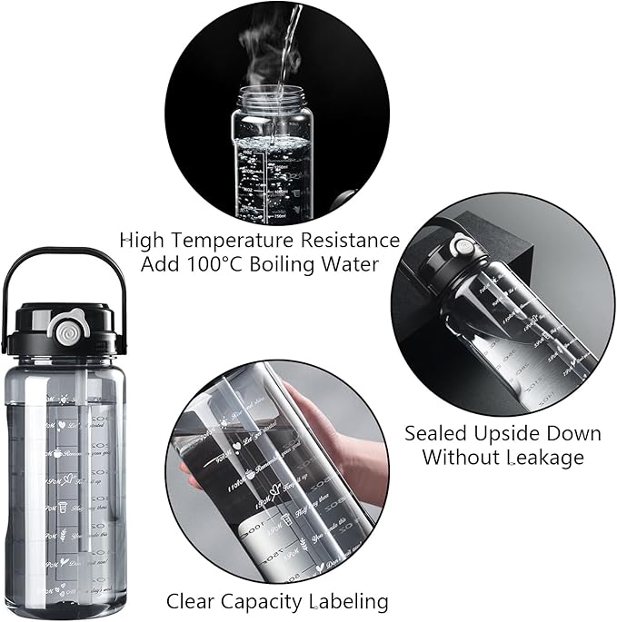 Plastic Water Bottle with Straw, 64 oz/2 L Large Water Bottle with Time Marker to Drink Leakproof Reusable Motivational Water Jug for Sports Gym Fitness Outdoor (Black)