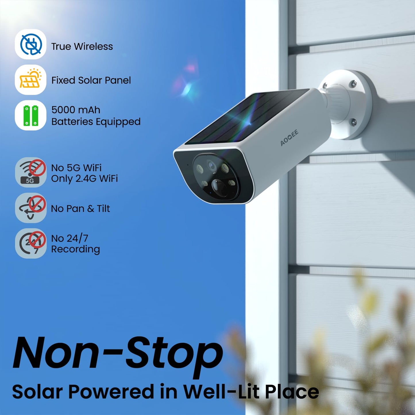 AOQEE Security Cameras Wireless Outdoor-2.4Ghz WiFi Home Security Cameras with built-in Solar Panel, 2K Color Night Vision, Cloud Storage (optional), PIR Detection, Waterproof, Works with Alexa, S1 2P