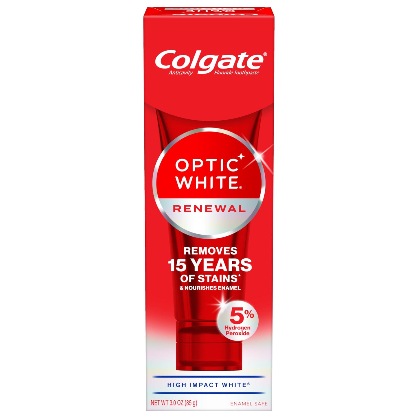 Colgate Optic White Renewal Teeth Whitening Toothpaste, Whitening Fluoride Toothpaste, Effectively Removes Tea, Coffee, and Wine Stains, Made with Hydrogen Peroxide, Brilliant Shine, 3 Pack, 3.0 oz
