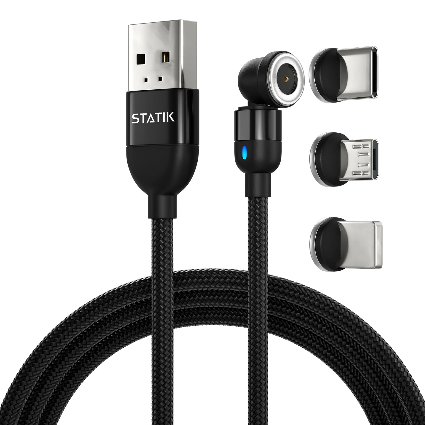 Statik 360 Magnetic Charging Cable - Type C Charger 3 in 1 USB C to USB C Cable, Micro USB & iProduct Tips, USB A Adapter, Phone Charger Cord, Compatible with All Devices - Black 3FT/1M