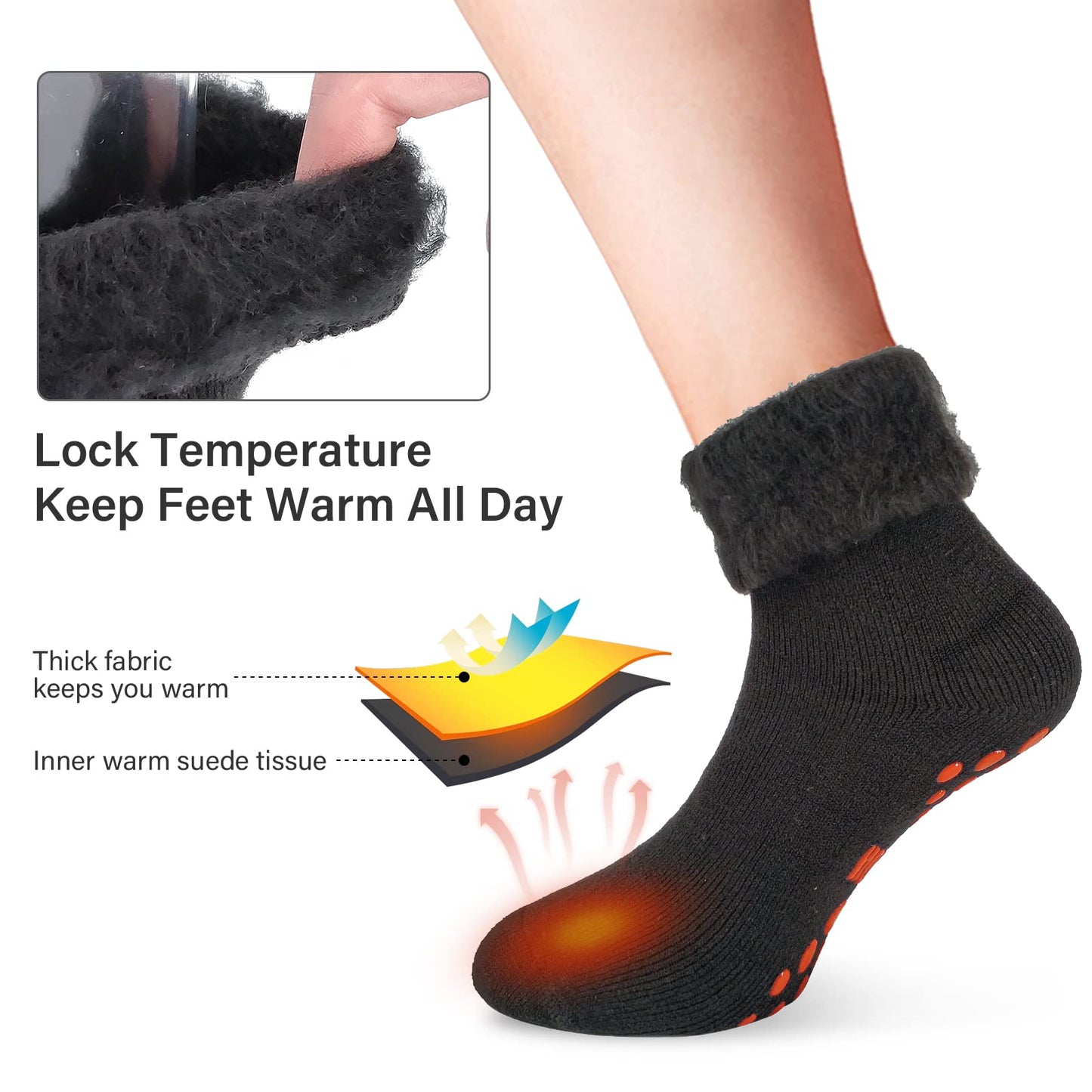 NOVAYARD 3 Pairs Non Slip Thermal Socks Hospital Slipper Crew Grip Cozy Wool socks Men Women(Black+Grey,Medium)