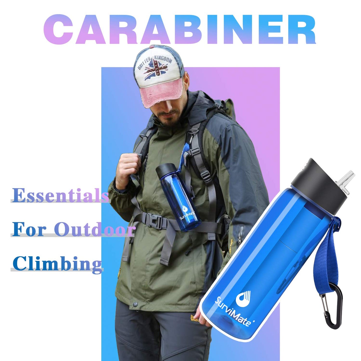 SurviMate Purified Water Bottle for Camping, Hiking, Backpacking and Travel, BPA Free with 5-Stage Intergrated Filter Straw