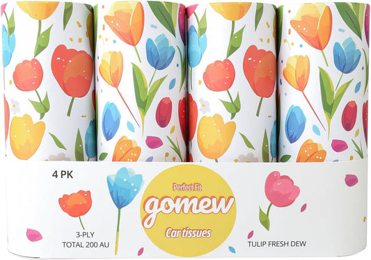 Car Tissue Holder (4 PK) - 50 3-Ply Tissues per Cylinder, Fits Car Cup Holders, Portable Travel Tubes Box Container, Tulip Design, Round Tissue Container for Car Accessories
