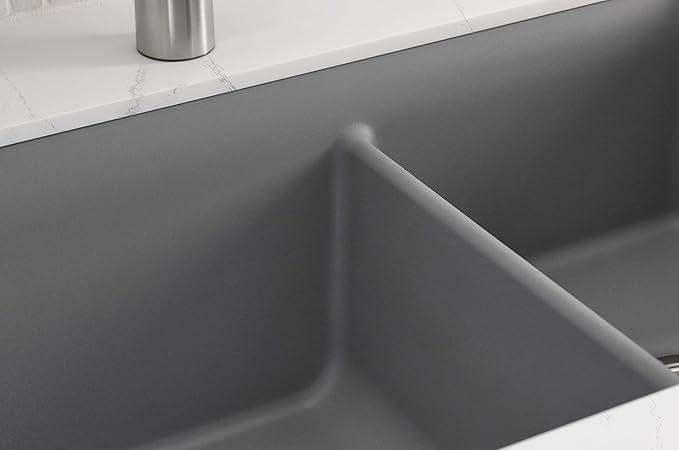 KOHLER K-8204-CM4 Cairn Sink, 33" Neoroc Composite Undermount Double-Bowl Kitchen Sink, Composite Kitchen Sink with Sink Rack, Matte Grey