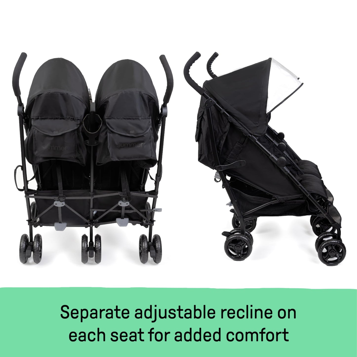 Summer Infant 3Dlite Folding Lightweight Side by Side Double Stroller with 5-Point Safety Harness for Infants and Toddlers, Black
