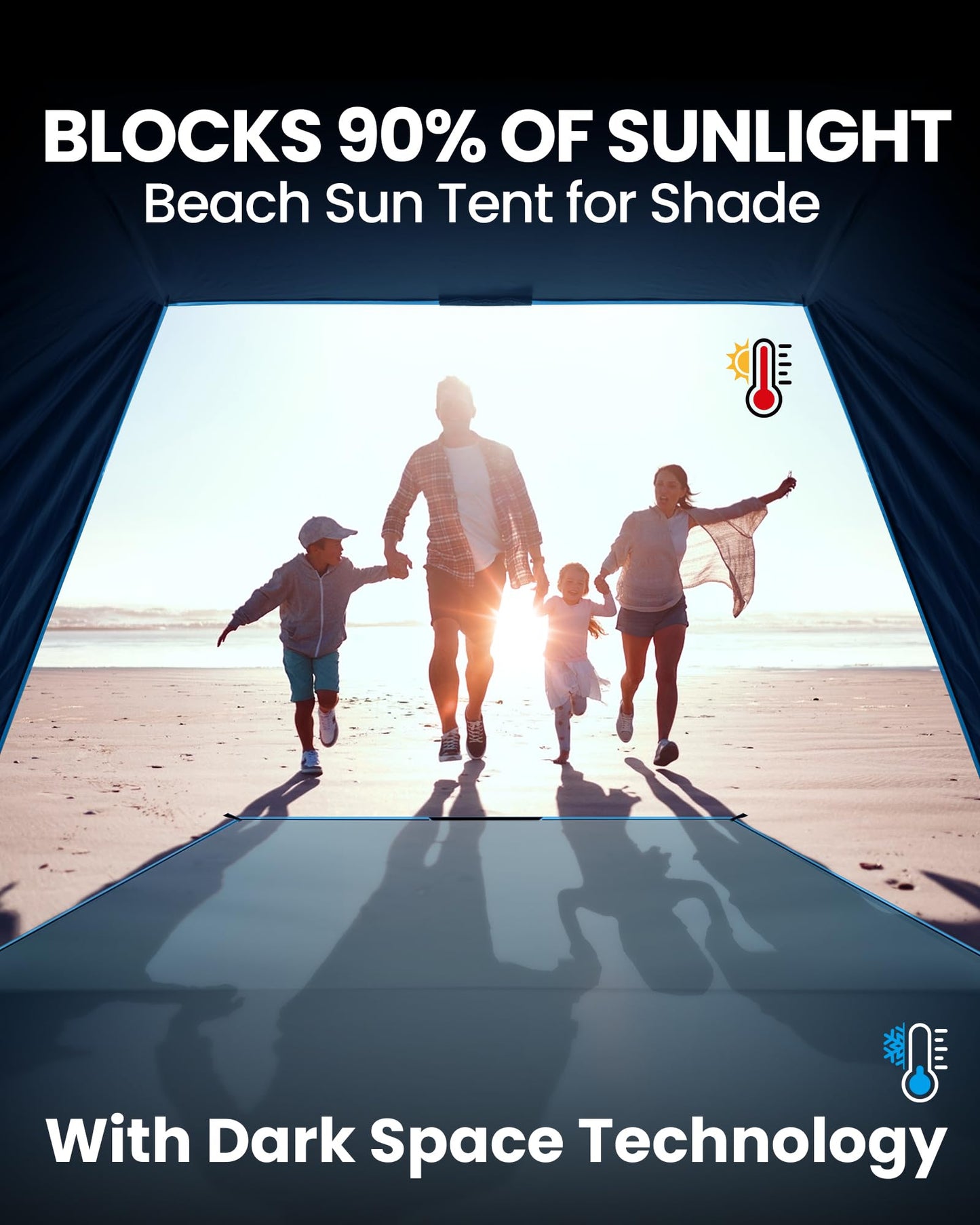 OutdoorMaster Beach Tent with Blackout Shelter Technology, Portable Sun Shade Shelter 4 Person, Pop Up Beach Tents with UPF 50+ UV Protection, 9.5mm Thick Pole, 3 Ventilating Mesh Windows
