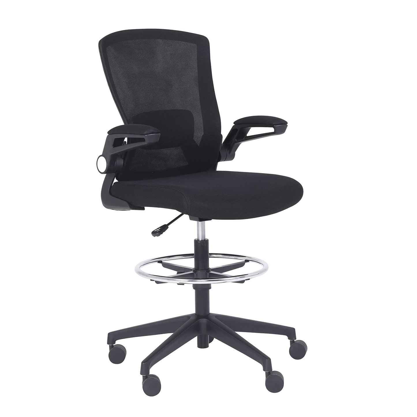 Amazon Basics Mid-Back Mesh Office Drafting Chair Stool with Adjustable Footrest, Flip-Up Arms, Black