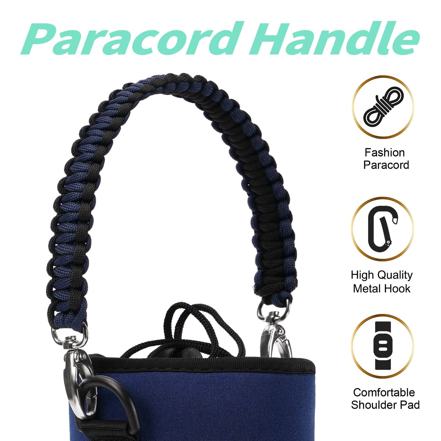 AceTreker Water Bottle Carrier Bag, 32 oz/ 40 oz Water Bottle Sleeve with Paracord Hanlde & Strap, Neoprene Insulated Metal Canteen Pouch Holder with Phone Pocket for Gym, Sport, Fishing-Navy