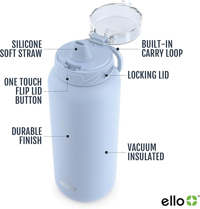 Ello Cooper 40oz Stainless Steel Water Bottle with Straw and Carry Handle, Double Walled and Vacuum Insulated Metal, Leak Proof Locking Lid with Soft Silicone Spout, Reusable, BPA Free, Yucca