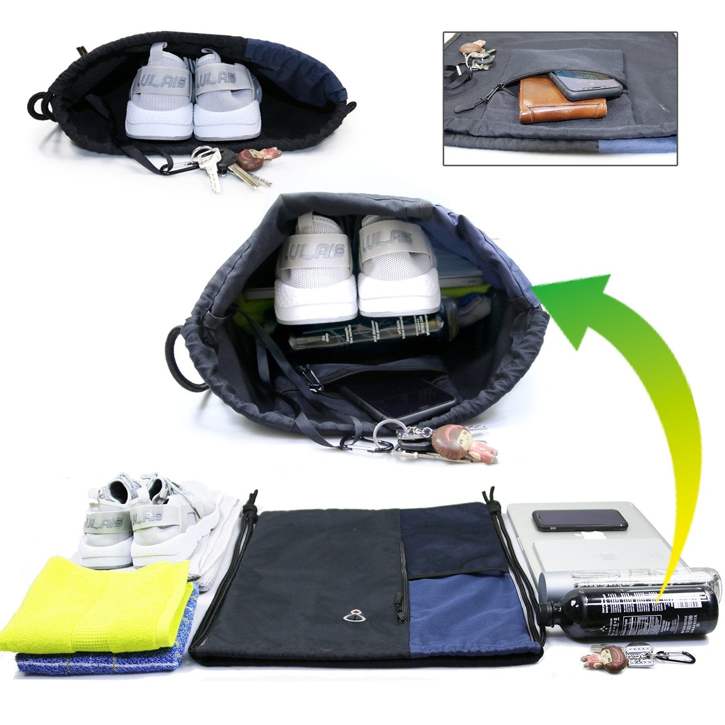 BeeGreen Drawstring Backpack Sports Gym Bag for Women Men Large Cinch Sackpack with 2 Zipper Pockets and Water Bottle Mesh Pockets Black Navy
