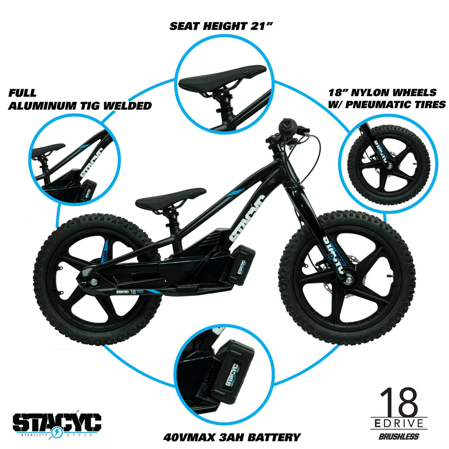 STACYC Brushless 18eDRIVE Electric Balance Bike for Kids Ages 8-10 Years Old