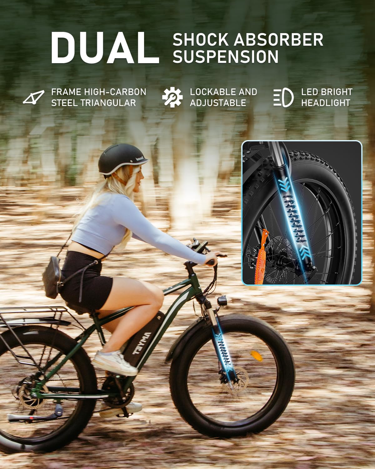 AMYET EB26 Electric Bike for Adults Peak 1500W Electric Bicycle 48V 15AH (720WH) Battery Electric Bike 26" Fat Tire Mountain 28mph 7 Speed Gears Dual Shock Absorber Front Fork Ebike (Green)