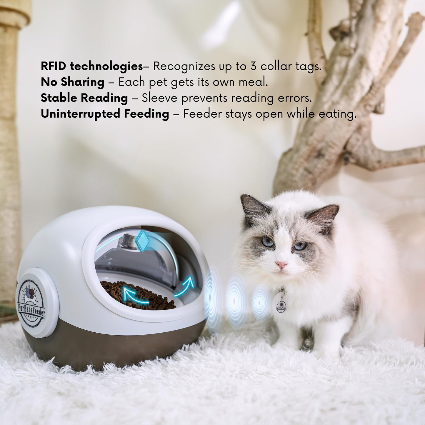 FurBabyFeeder Sphere – RFID Automatic Cat Feeder with Mute Option & Tag Sleeve – Smart Feeder for Multi-Cat Homes – Works with Wet & Dry Food – Secure Locking Doors, LCD Display - Coffee
