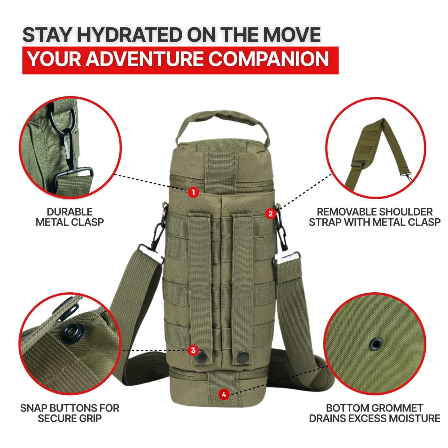 Orca Tactical Molle Water Bottle Pouch - Molle Water Bottle Holder with Strap - Water Bottle Carrier with Multiple Storage Options (OD Green)