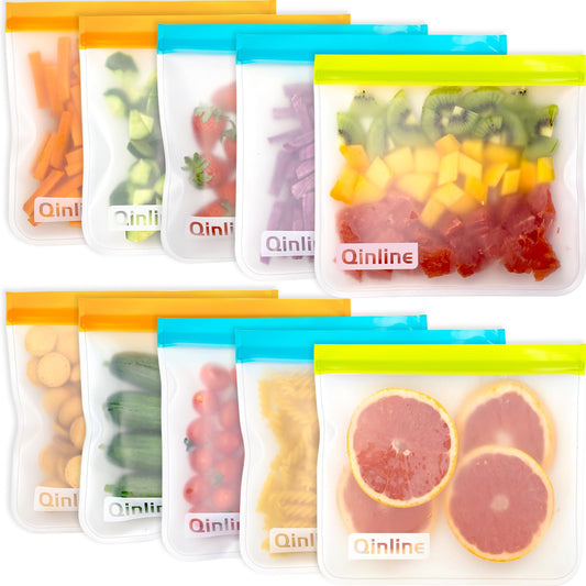 Reusable Food Storage Bags - 10 Pack Freezer Bags, Reusable Bags Silicone, EXTRA THICK Leakproof Reusable Lunch Bag for Salad Fruit Travel - 2 Gallon 4 Sandwich 4 Snack Bags