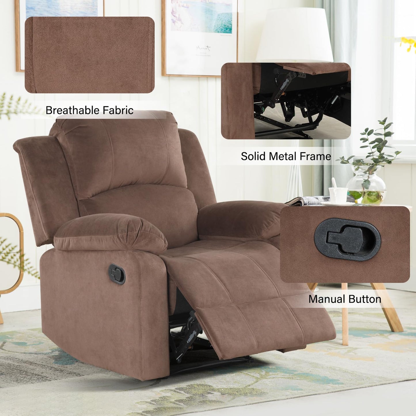 CANMOV Manual Recliner Chair Set of 2, Soft Fabric Overstuffed Recliner Single Sofa Chair for Living Room Bedroom, Heavy Duty and Safety Reclining Mechanism, Light Brown